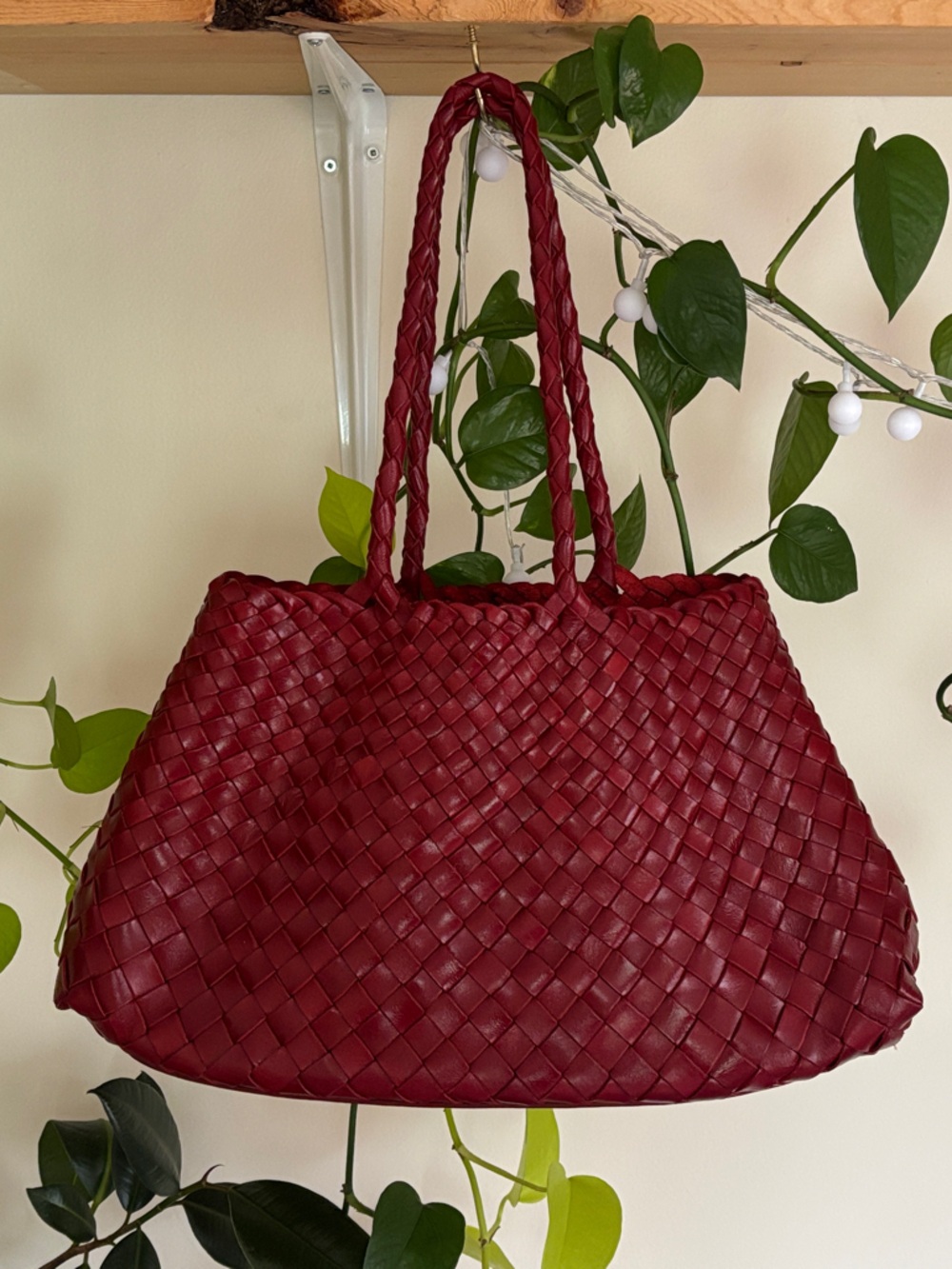 NWOT Woven Leather Tote Bag in Dark Red/Burgundy